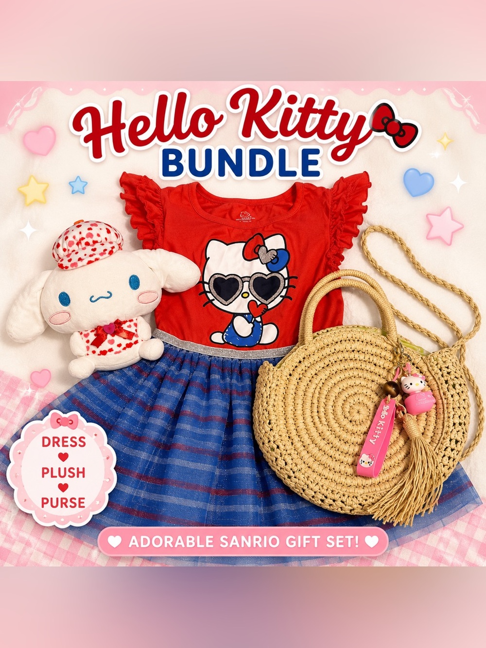 Hello Kitty Dress +Cinnamoroll Plush +Straw Crossbody Purse Bundle Girl Gift Set